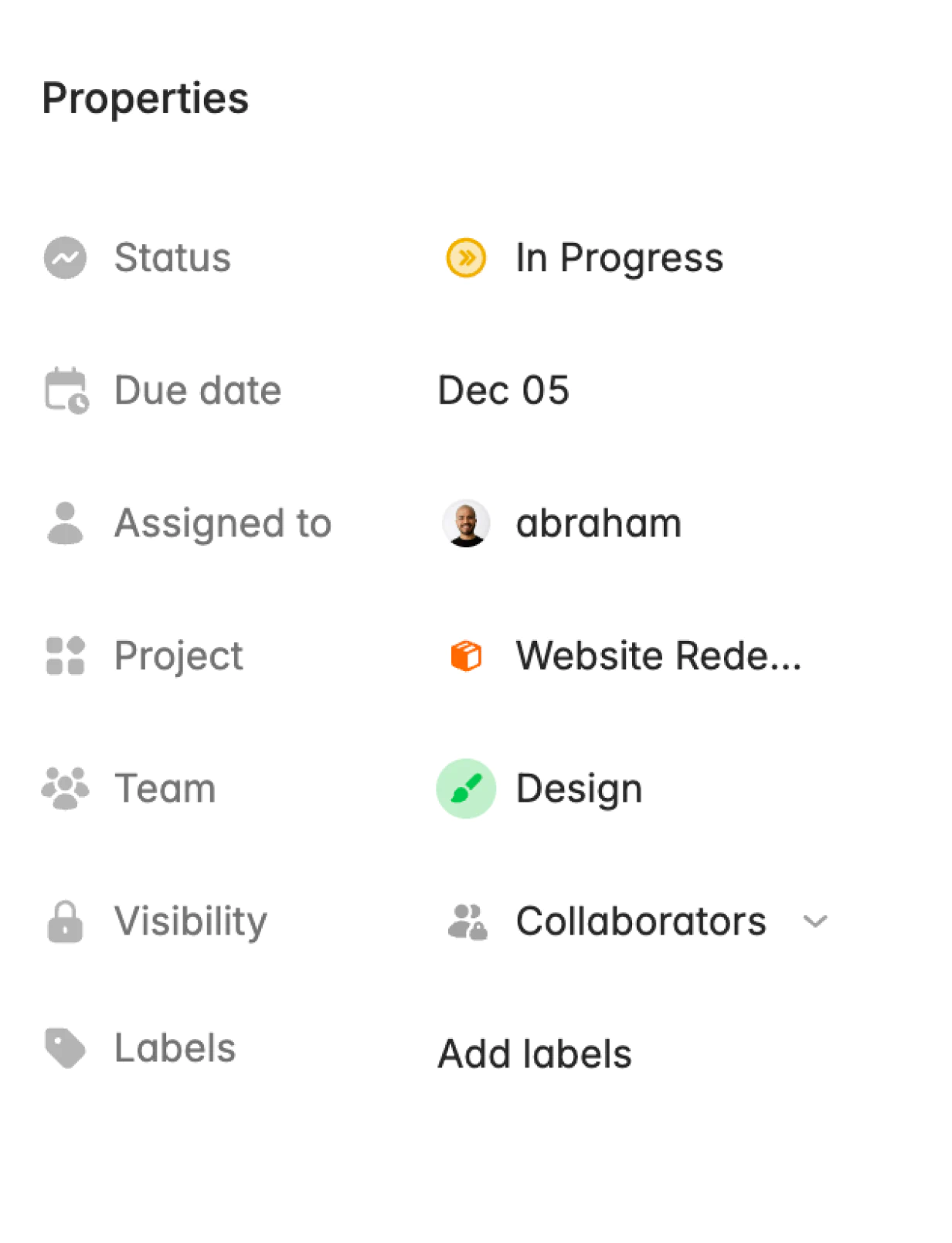 Screenshot of properties column