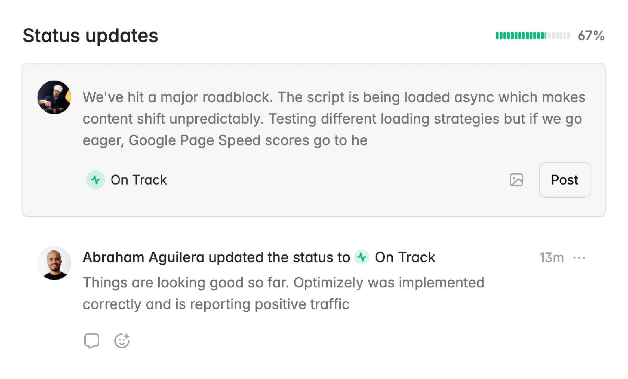 Screenshot of status update box with a status update