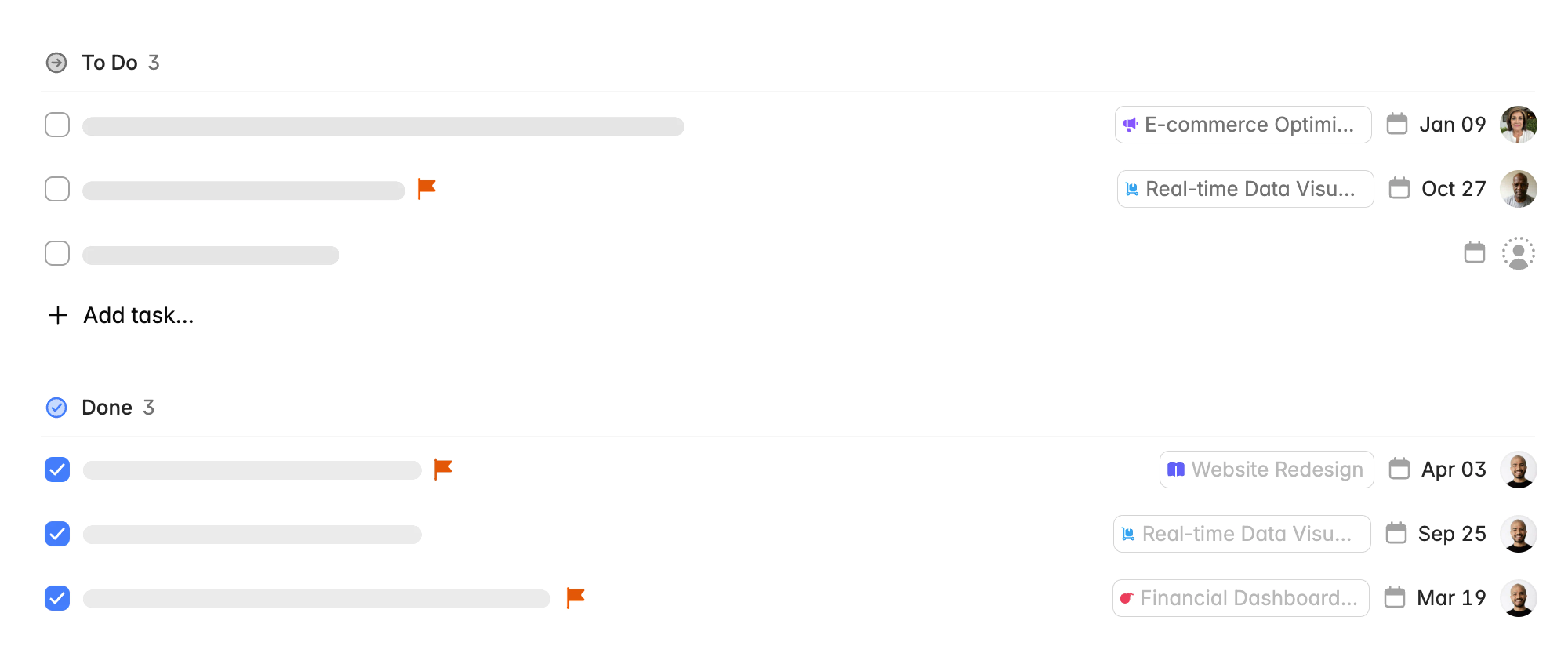Screenshot of tasks list