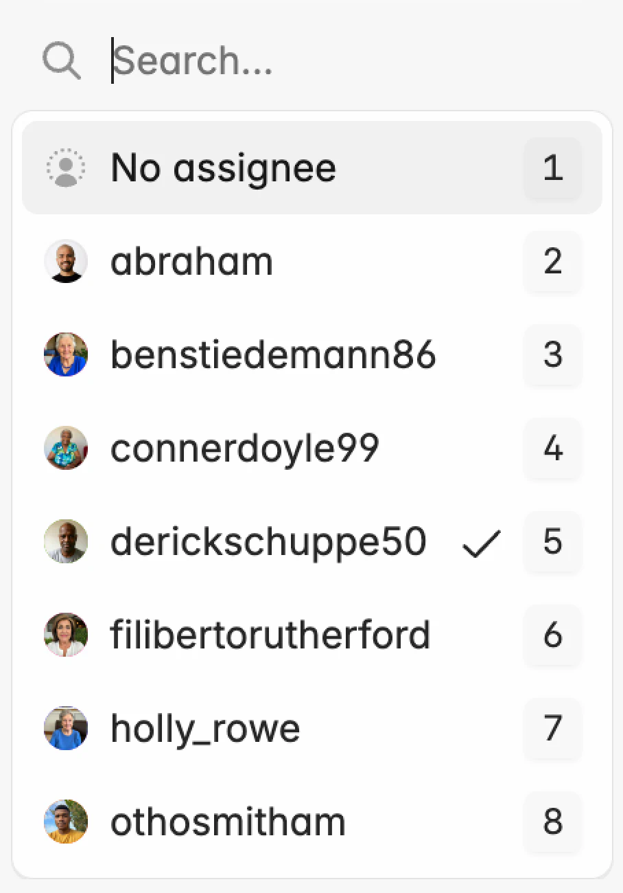 Screenshot of assignee selector combobox dropdown